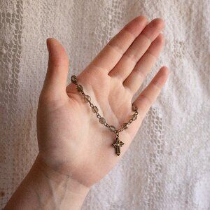 Vintage-Inspired Bronze and Black Cross Bracelet – Handmade Spiritual Jewelry